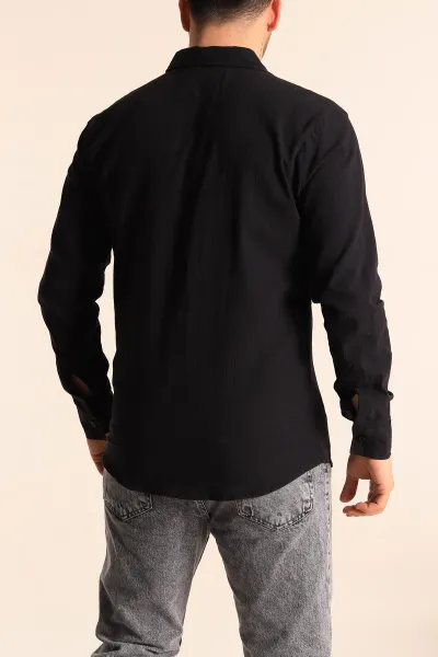 Siyah Relaxed Fit Kırınkıl Keten Erkek Gömlek 256990