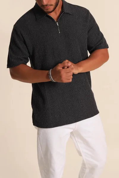Siyah Relaxed Fit Melanjlı Fermuarlı Polo Yaka Erkek Tişört 267651