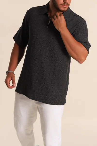 Siyah Relaxed Fit Melanjlı Fermuarlı Polo Yaka Erkek Tişört 267651