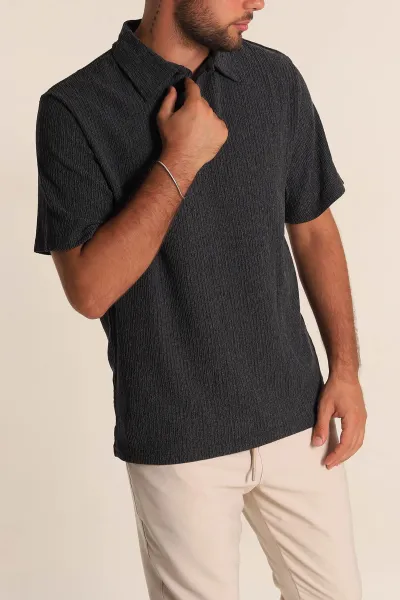 Siyah Relaxed Fit Melanjlı Patlı Polo Yaka Erkek Tişört 267625