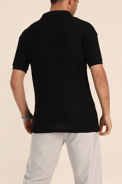 Siyah Relaxed Fit Mikro Delikli Fermuarlı Polo Yaka Erkek Tişört 352003