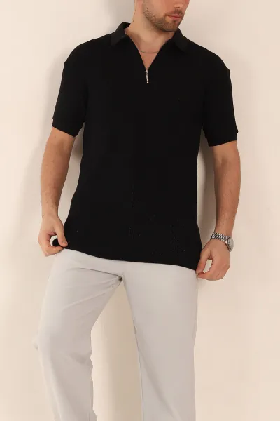 Siyah Relaxed Fit Mikro Delikli Fermuarlı Polo Yaka Erkek Tişört 352003