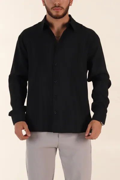 Siyah Relaxed Fit Modal Kumaş Uzun Kollu Erkek Gömlek 368658