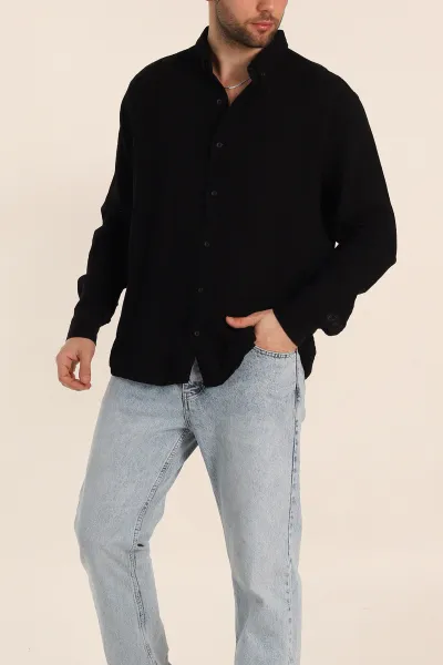 Siyah Relaxed Fit Müslin Keten Ata Yaka Erkek Gömlek 339152