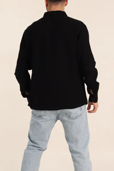 Siyah Relaxed Fit Müslin Keten Ata Yaka Erkek Gömlek 339152