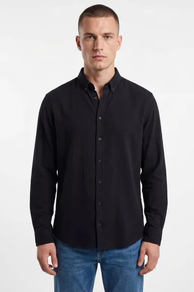 Siyah Relaxed Fit Müslin Keten Ata Yaka Erkek Gömlek 435744