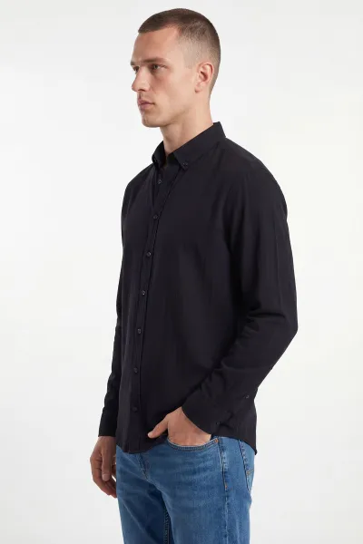 Siyah Relaxed Fit Müslin Keten Ata Yaka Erkek Gömlek 435744