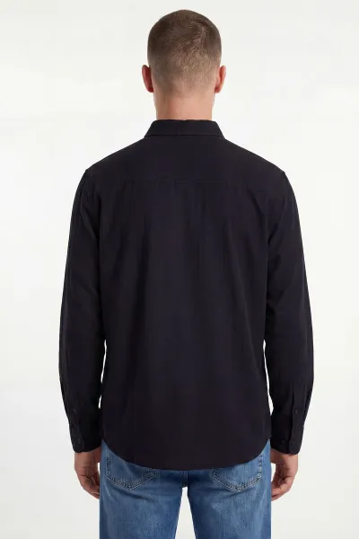 Siyah Relaxed Fit Müslin Keten Ata Yaka Erkek Gömlek 435744