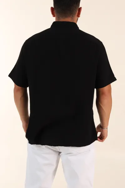 Siyah Relaxed Fit Müslin Keten Kısa Kollu Erkek Gömlek 376943