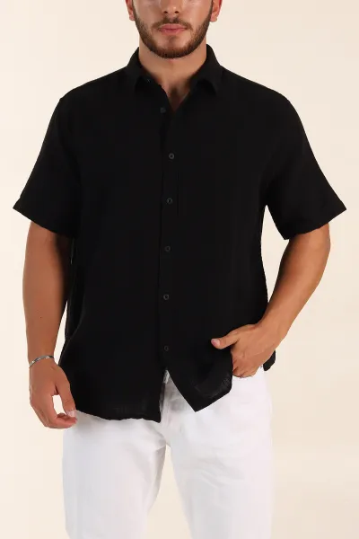Siyah Relaxed Fit Müslin Keten Kısa Kollu Erkek Gömlek 376943
