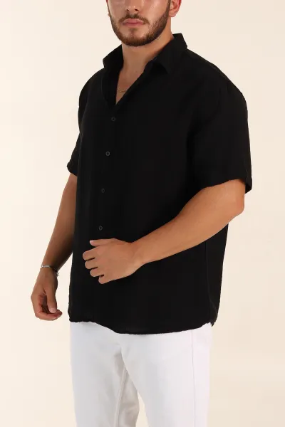 Siyah Relaxed Fit Müslin Keten Kısa Kollu Erkek Gömlek 376943