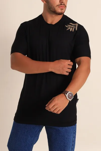 Siyah Relaxed Fit Nakış Detaylı Likralı Erkek Tişört 268514