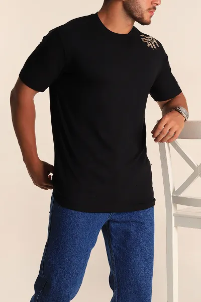 Siyah Relaxed Fit Nakış Detaylı Likralı Erkek Tişört 268514
