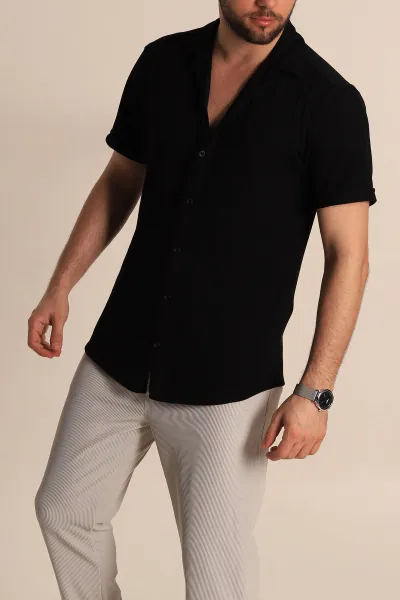 siyah-relaxed-fit-orme-duble-kisa-kollu-erkek-gomlek-275338