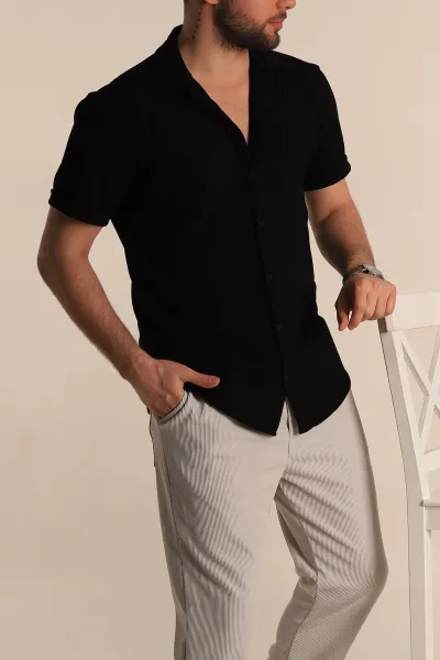 Siyah Relaxed Fit Örme Duble Kısa Kollu Erkek Gömlek 275338