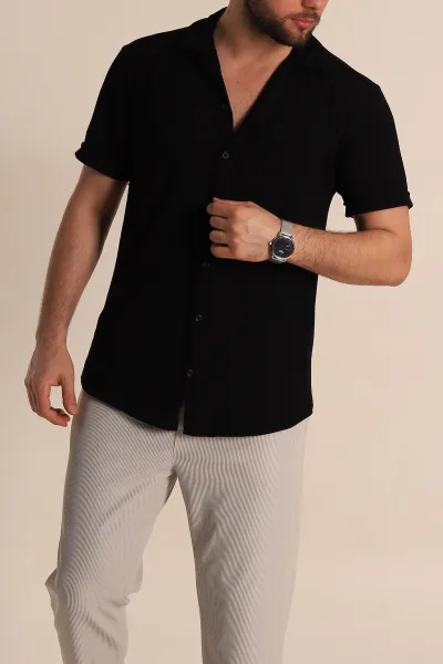 Siyah Relaxed Fit Örme Duble Kısa Kollu Erkek Gömlek 275338