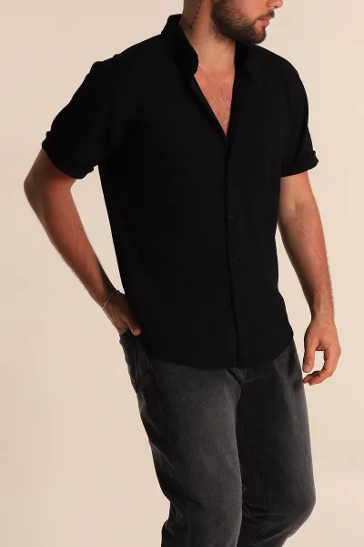 siyah-relaxed-fit-orme-duble-kisa-kollu-erkek-gomlek-278361