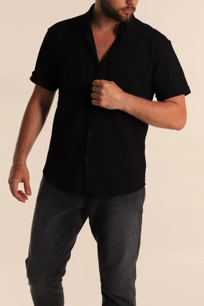 Siyah Relaxed Fit Örme Duble Kısa Kollu Erkek Gömlek 278361