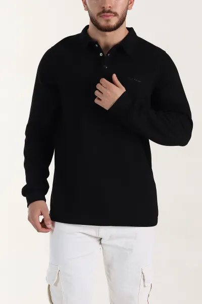 Siyah Relaxed Fit Oysho Kumaş Düğmeli Polo Yaka Erkek Sweatshirt 399520