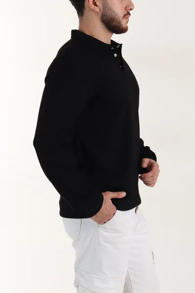 Siyah Relaxed Fit Oysho Kumaş Düğmeli Polo Yaka Erkek Sweatshirt 399520