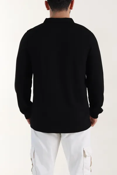 Siyah Relaxed Fit Oysho Kumaş Düğmeli Polo Yaka Erkek Sweatshirt 399520