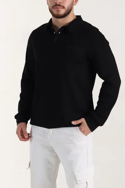 Siyah Relaxed Fit Oysho Kumaş Düğmeli Polo Yaka Erkek Sweatshirt 399520