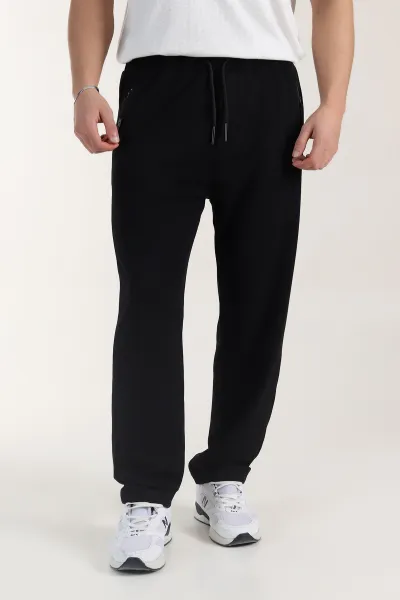 Siyah Relaxed Fit Oysho Kumaş Fermuarlı Cepli Erkek Eşofman Altı 402202