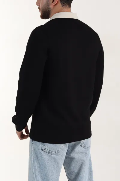 Siyah Relaxed Fit Oysho Kumaş Kabartma Yazılı Polo Yaka Erkek Sweatshirt 399585