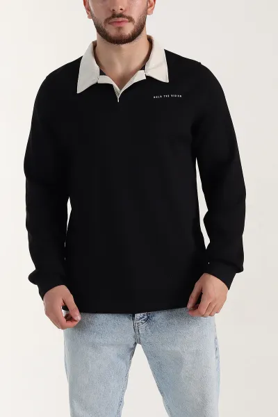 Siyah Relaxed Fit Oysho Kumaş Kabartma Yazılı Polo Yaka Erkek Sweatshirt 399585