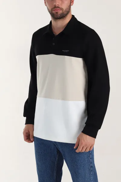 Siyah Relaxed Fit Oysho Kumaş Üç Renkli Polo Yaka Sweatshirt 399540