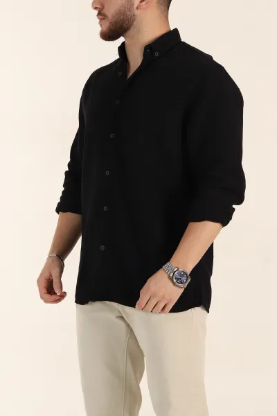 Siyah Relaxed Fit Pamuk Ata Yaka Erkek Gömlek 363813