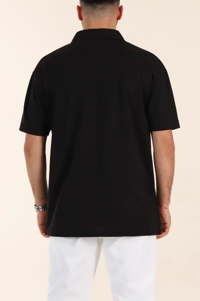Siyah Relaxed Fit Parçalı Kumaş Polo Yaka Erkek Tişört 363809