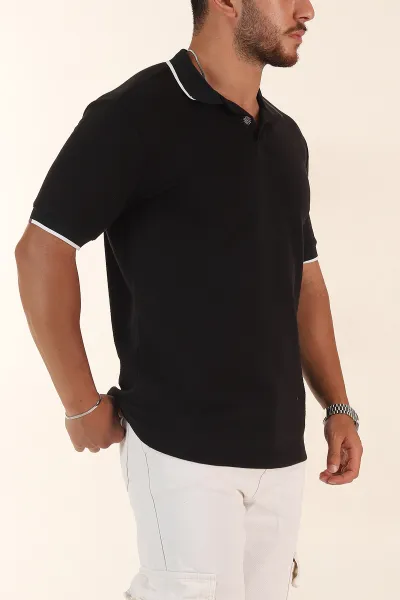 Siyah Relaxed Fit Patlı Polo Yaka Erkek Tişört 373092