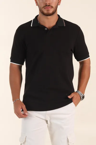 Siyah Relaxed Fit Patlı Polo Yaka Erkek Tişört 373092