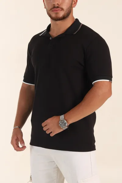 Siyah Relaxed Fit Patlı Polo Yaka Erkek Tişört 373092