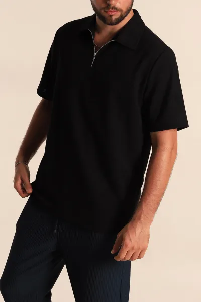 Siyah Relaxed Fit Petek Dokulu Fermuarlı Polo Yaka Erkek Tişört 278873