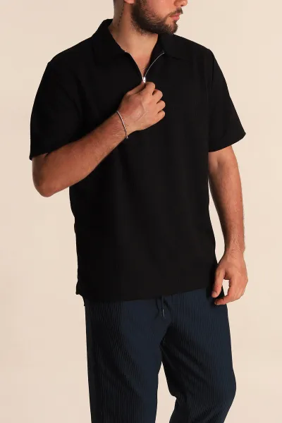 Siyah Relaxed Fit Petek Dokulu Fermuarlı Polo Yaka Erkek Tişört 278873