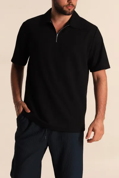 siyah-relaxed-fit-petek-dokulu-fermuarli-polo-yaka-erkek-tisort-278873