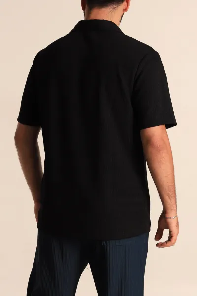 Siyah Relaxed Fit Petek Dokulu Fermuarlı Polo Yaka Erkek Tişört 278873