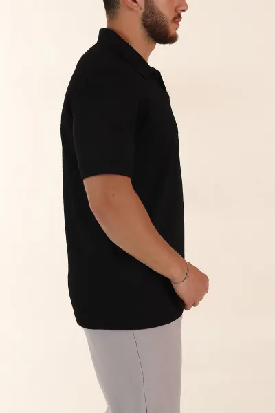 Siyah Relaxed Fit Petek Dokulu Patlı Polo Yaka Erkek Tişört 370254