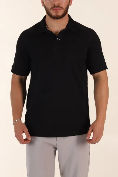 Siyah Relaxed Fit Petek Dokulu Patlı Polo Yaka Erkek Tişört 370254