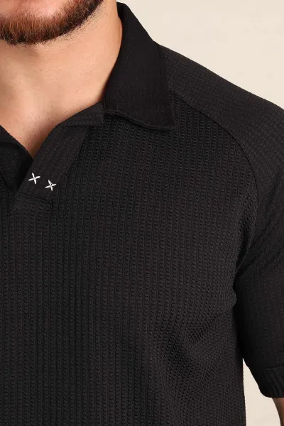 Siyah Relaxed Fit Petek Dokulu Patlı Polo Yaka Erkek Tişört 370254