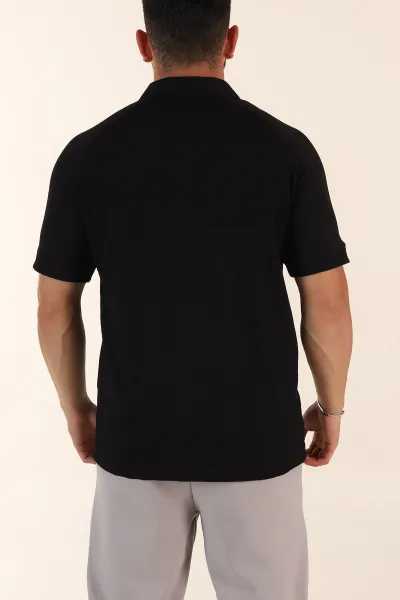 Siyah Relaxed Fit Petek Dokulu Patlı Polo Yaka Erkek Tişört 370254