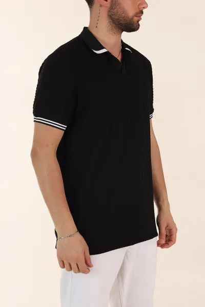 Siyah Relaxed Fit Petek Dokulu Patlı Polo Yaka Erkek Tişört 370259