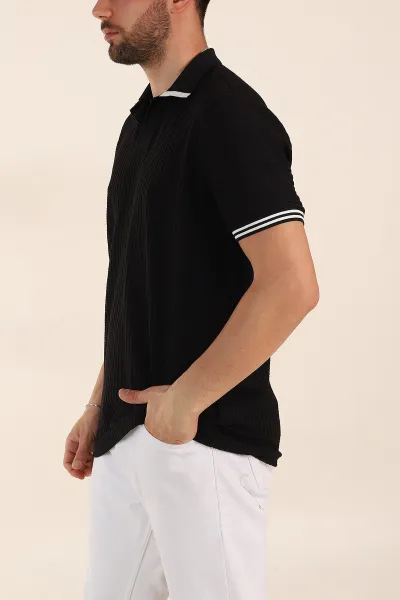 Siyah Relaxed Fit Petek Dokulu Patlı Polo Yaka Erkek Tişört 370259