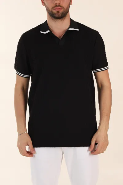 Siyah Relaxed Fit Petek Dokulu Patlı Polo Yaka Erkek Tişört 370259