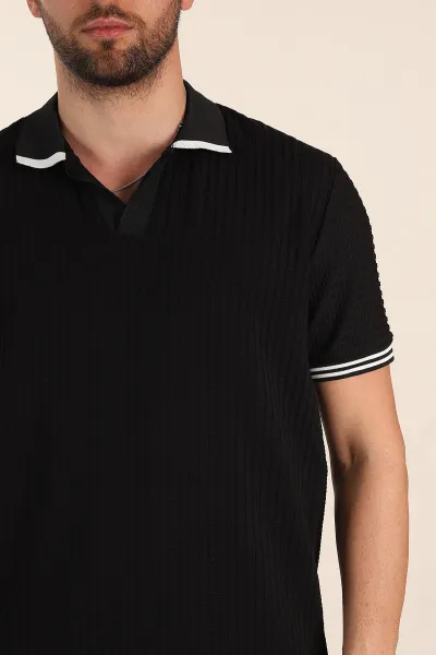 Siyah Relaxed Fit Petek Dokulu Patlı Polo Yaka Erkek Tişört 370259