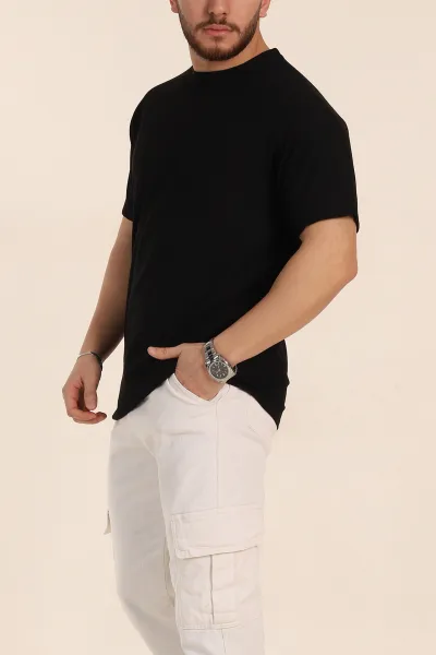 Siyah Relaxed Fit Petek Dokulu Reglan Kol Basic Erkek Tişört 352023