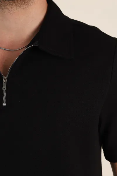 Siyah Relaxed Fit Pike Doku Fermuarlı Polo Yaka Erkek Tişört 368376
