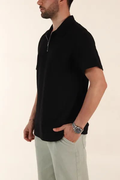 Siyah Relaxed Fit Pike Doku Fermuarlı Polo Yaka Erkek Tişört 368376